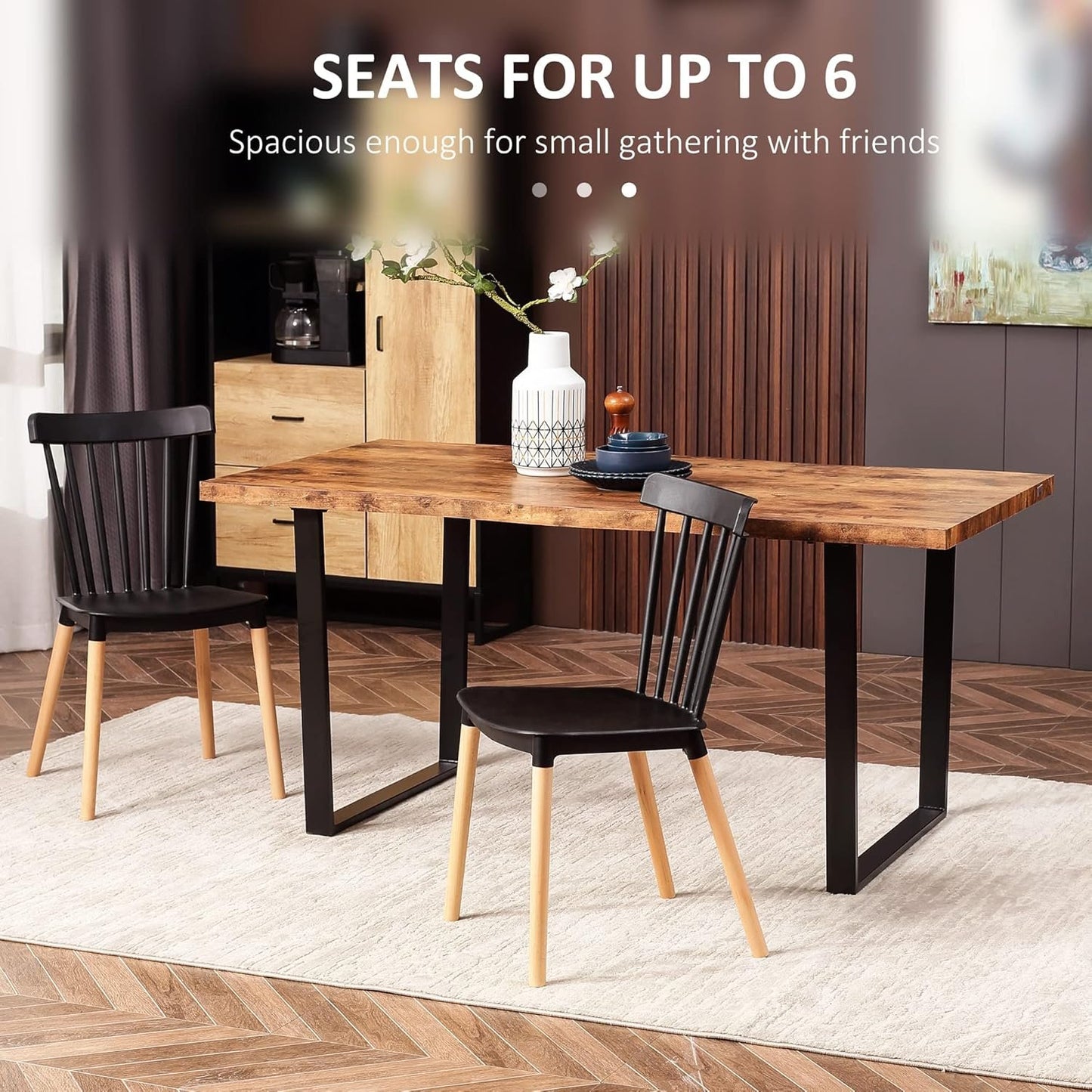 HOMCOM 63" Dining Table, Industrial Kitchen Table with Wave-Edged Tabletop and Steel Legs for Up to 6 People, Rustic Brown