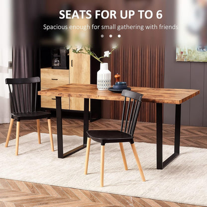 HOMCOM 63" Dining Table, Industrial Kitchen Table with Wave-Edged Tabletop and Steel Legs for Up to 6 People, Rustic Brown