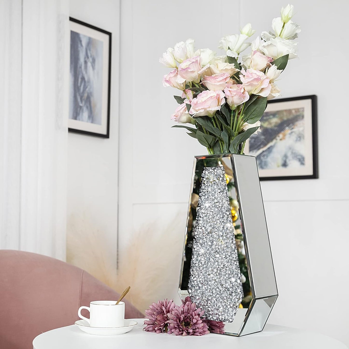 Crushed Diamond Flower Vases Decorative Large Clear Glass Mirrored Vase Silver Crystal Vase for Home Decor Can Not Hold Water,36H cm