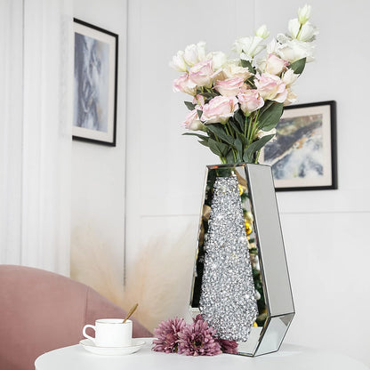 Crushed Diamond Flower Vases Decorative Large Clear Glass Mirrored Vase Silver Crystal Vase for Home Decor Can Not Hold Water,36H cm