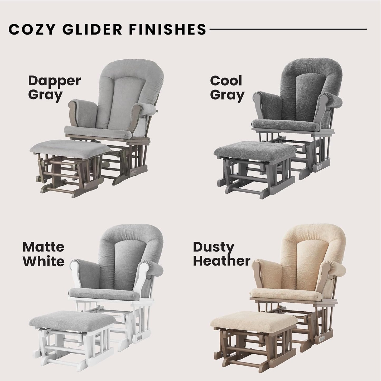 Child Craft Cozy Glider Rocker and Ottoman Set, Padded Cushion with Convenient Storage Pockets, Solid Wood Base & Frame (Matte White with Light Gray Cushion)