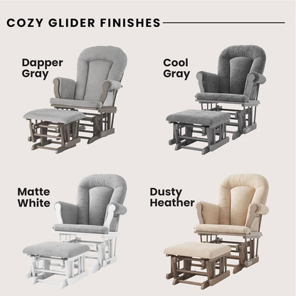 Child Craft Cozy Glider Rocker and Ottoman Set, Padded Cushion with Convenient Storage Pockets, Solid Wood Base & Frame (Matte White with Light Gray Cushion)