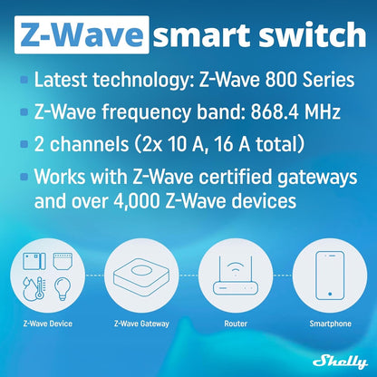 Shelly Qubino Wave 2PM | Z-Wave Smart Switch Relay, 2 Channel 16 A with Current Measurement | Home Automation | Z-Wave Gateway | Low Power Consumption | Repeater Extended Mains | High Compatibility