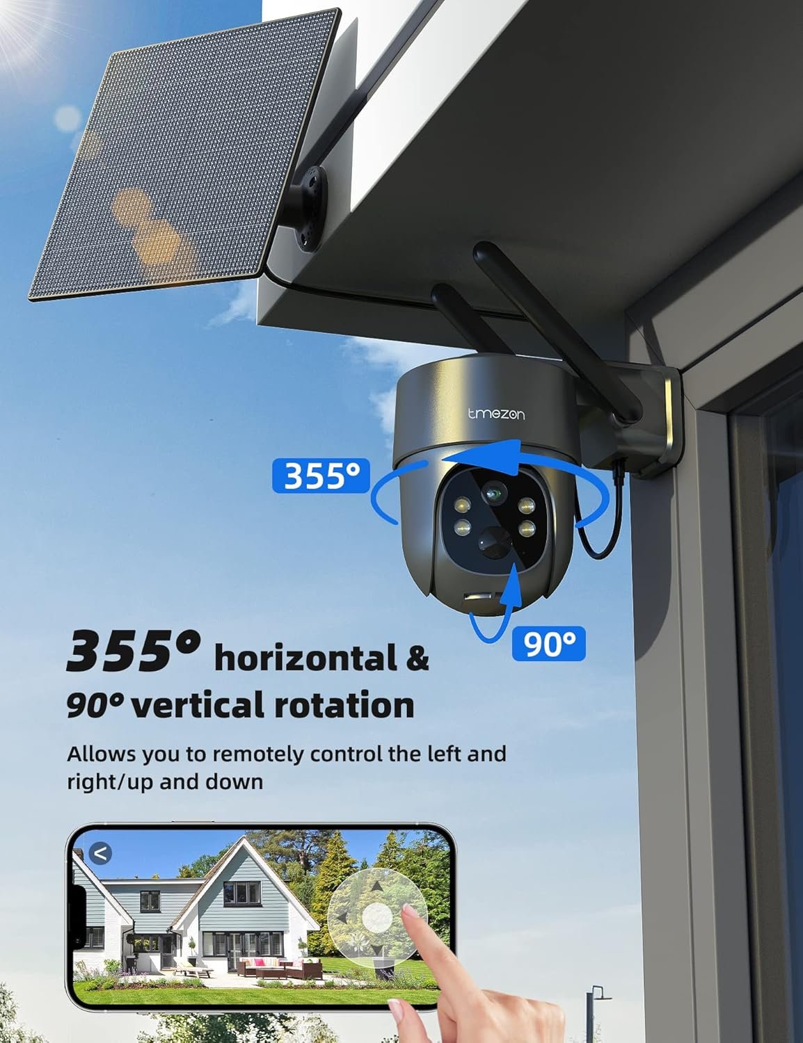 TMEZON 4G LTE Surveillance Security Camera Wireless Outdoor Solar Powered, 2K HD Color Night Vision, Pan Tilt 360Â°View Spotlight, 2-Way Talk, SIM Card & TF Card Included, PIR Motion with Solar Panel