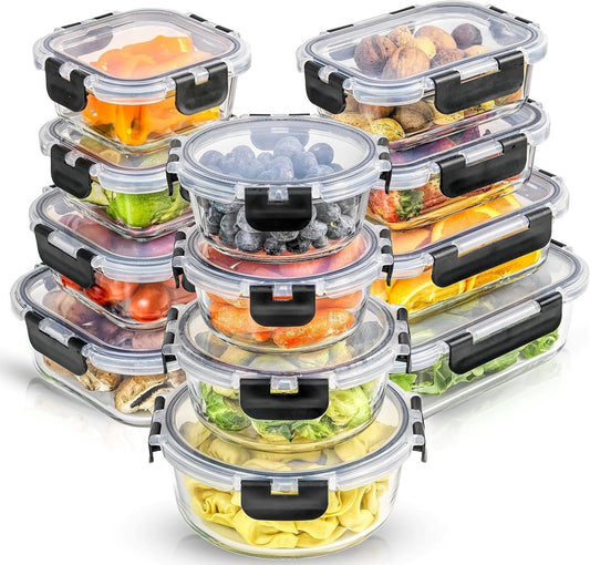 12 Pack Glass Food Storage Containers with Lids, Meal Prep Pantry Kitchen Storage Containers for Lunch, Leak Proof, Airtight Glass Lunch Bento Boxes for Microwave, Oven, Freezer (BLACK)