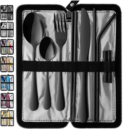 Portable Travel Utensils, Reusable Silverware with Case for Fixing Tableware, 9 Pieces Stainless Steel Stable Flatware Set, Camping Picnic Cutlery Set (Black Set)