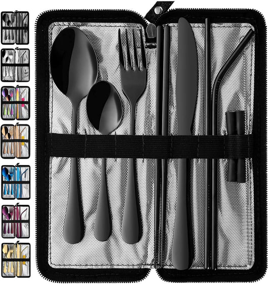 Portable Travel Utensils, Reusable Silverware with Case for Fixing Tableware, 9 Pieces Stainless Steel Stable Flatware Set, Camping Picnic Cutlery Set (Black Set)