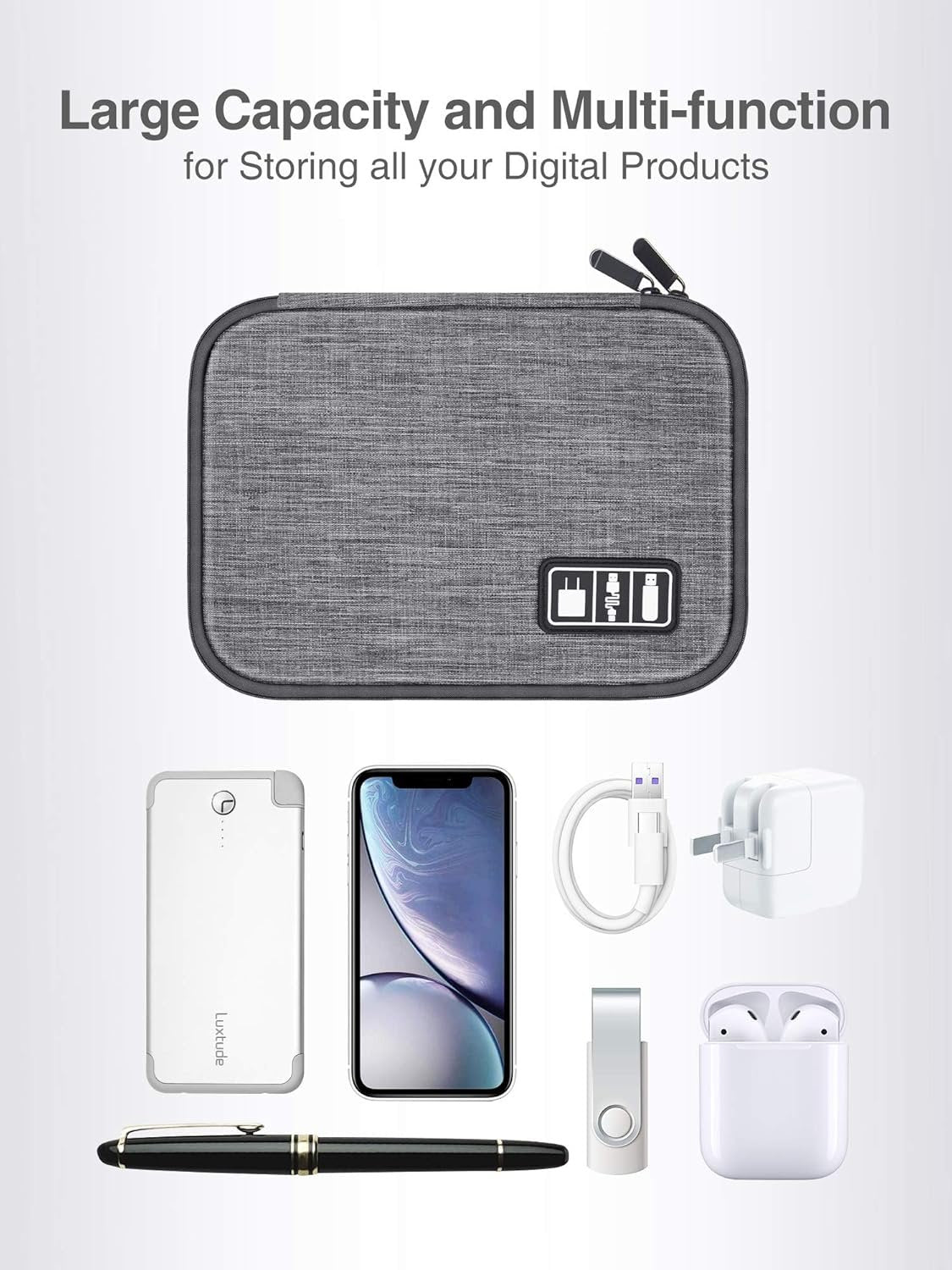 Luxtude Electronic Organizer Travel Cable Organizer Electronics Gadgets Accessories Case for USB Cable Cord, Charger, Power Bank, Phone, Hard Drives, USB Flash Drive, SD Card (Gray)