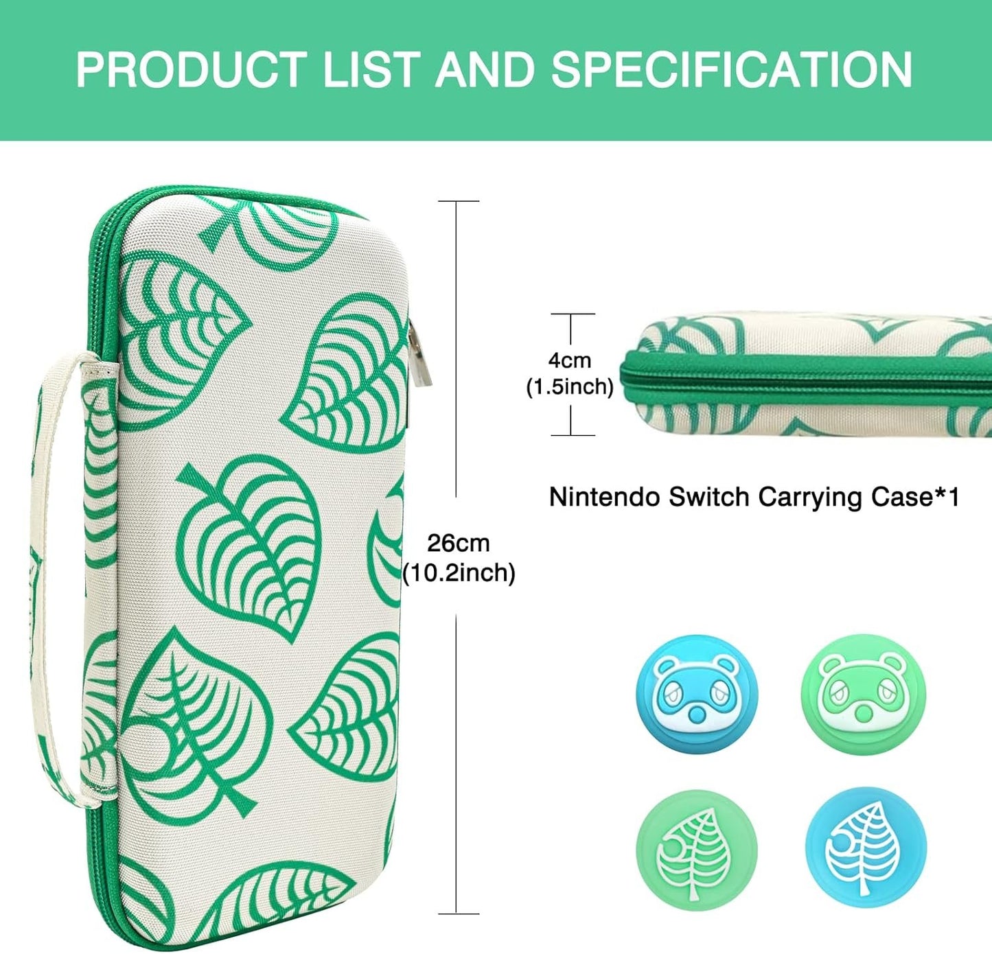 DLseego Animal Crossing Switch/Switch OLED Carrying Case Protective Hard Shell 10 Game Card Slots Slim Travel Storage Bag Switch/Switch OLED Accessories with 4PCS New Leaf Thumb Grips Caps