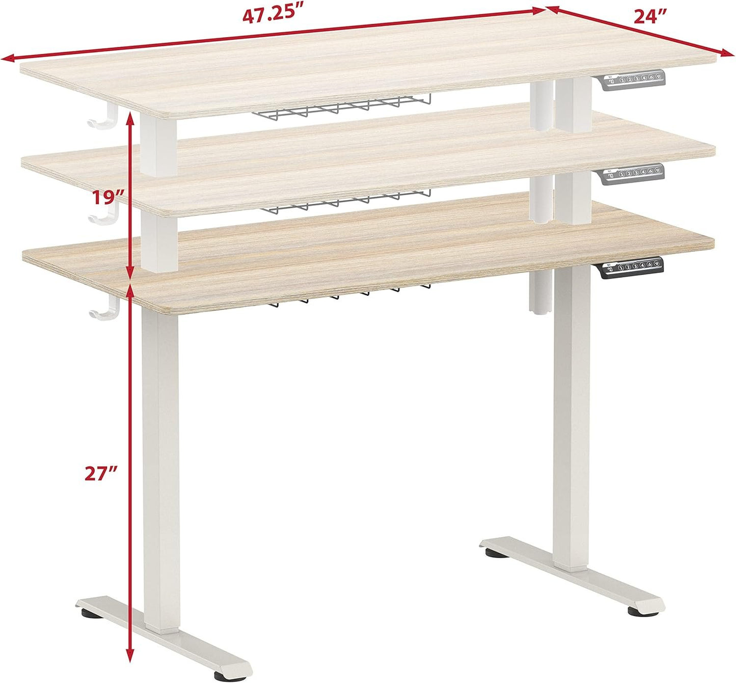 SHW 48-Inch Electric Height Adjustable Sit to Stand Desk with Hanging Hooks and Cable Management, 122 x 60 cm, Maple