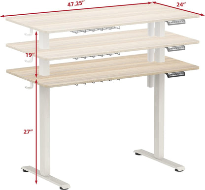 SHW 48-Inch Electric Height Adjustable Sit to Stand Desk with Hanging Hooks and Cable Management, 122 x 60 cm, Maple