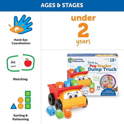 Learning Resources Tony The Peg Stacker Dump Truck - 10 Pieces, Easter Toys for Kids, Ages 18+ Months Fine Motor Skills Toy for Toddlers, Preschool Toys, Multicolor