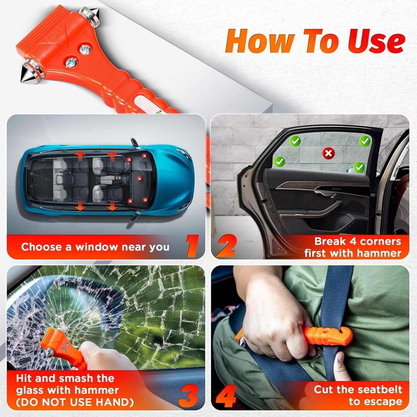 2 PCS High Carbon Steel Hard IPOW Car Safety Hammer Escape Tool with Antiskid Seatbelt Cutter, Life-Saving Emergency Glass/Window Punch Breaker Auto Rescue Disaster Hammer