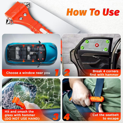 2 PCS High Carbon Steel Hard IPOW Car Safety Hammer Escape Tool with Antiskid Seatbelt Cutter, Life-Saving Emergency Glass/Window Punch Breaker Auto Rescue Disaster Hammer