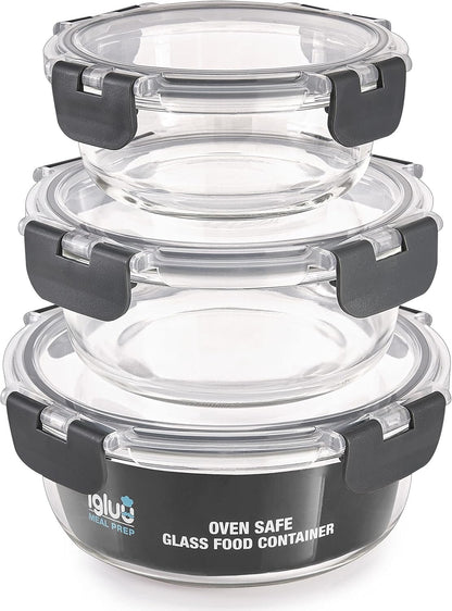 Igluu Meal Prep - Set of 3 Stackable Glass Round Containers - Lunch Box for Food Storage, Freezer, Microwave & Oven - Dishwasher-Safe, BPA-Free - Airtight SnapLock Lids (Different Sizes)