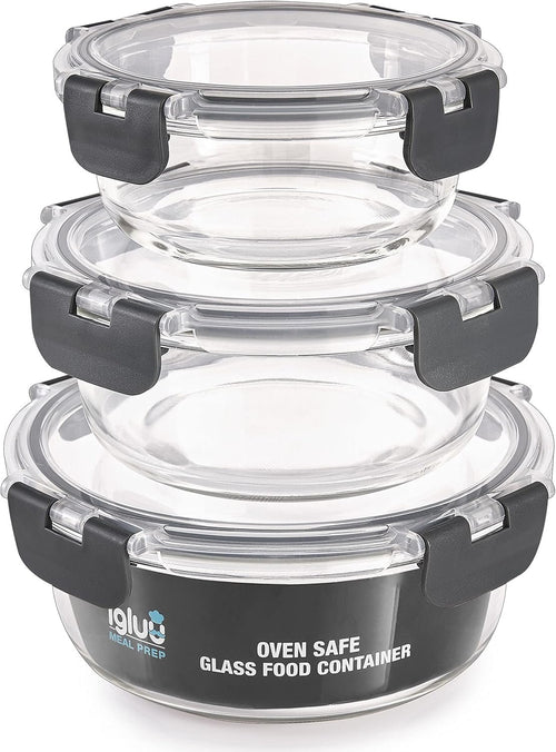 Igluu Meal Prep - Set of 3 Stackable Glass Round Containers - Lunch Box for Food Storage, Freezer, Microwave & Oven - Dishwasher-Safe, BPA-Free - Airtight SnapLock Lids (Different Sizes)