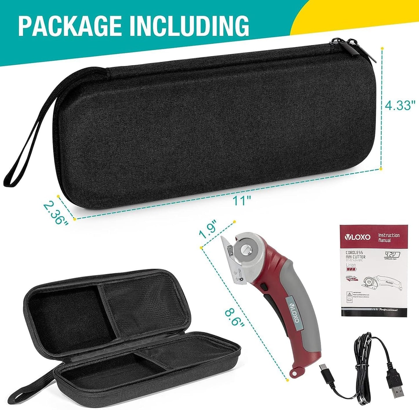 VLOXO Cordless Electric Scissors, AT001 Rotary Cutter for Fabric, Cardboard Cutter 4.2V Muti-Cutting Tools with Safety Lock, Rechargeable Powerful Fabric Cutter for Carpet Leather with Storage Box