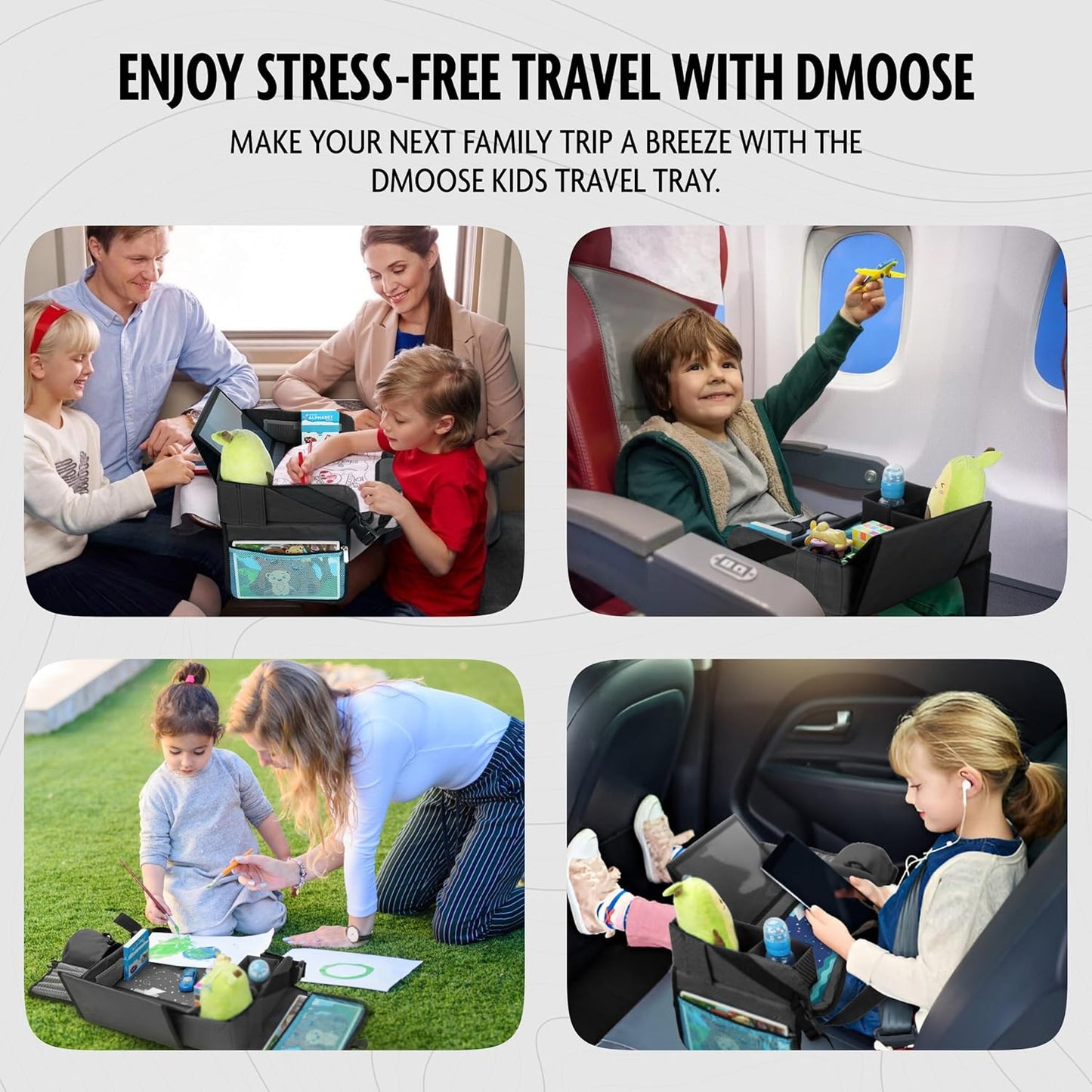 DMoose Travel Lap Activity Tray for Kids and Toddlers, Padded Comfort Base, Side Walls, Mesh Snack Pockets, Tablet Holder, Waterproof Car Seat, Stroller, Airplane Play and Learn Area (Black (New))