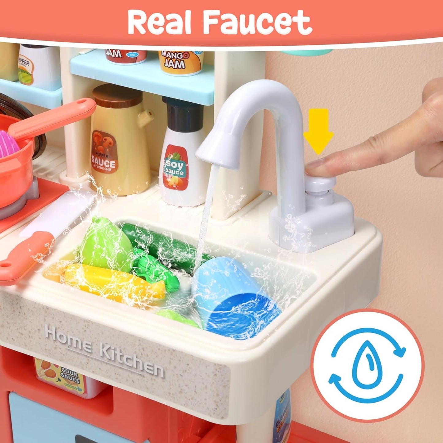 CUTE STONE Pretend Play Kitchen, Water Sink, Stove with Steam&Light&Sound, 63PCS Toy Kitchen Accessories with Toy Food, Pots, Utensils, Kids Kitchen Play Set, Ideal Gift for Boys Girls Toddlers(Pink)