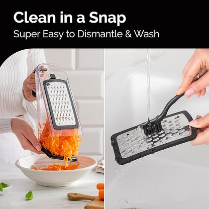 Cheese Grater with Garlic Crusher- Box Grater Vegetable Shredder with 3 Stainless Steel Blades - Graters for Kitchen- Cheese Graters with Handle - Garlic Mincer Tool and Vegetable Peeler