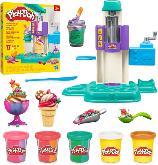 Play-Doh Rainbow Swirl Ice Cream Playset with 7 Pretend Play Kitchen Accessories, Arts and Crafts Toys for 3 Year Old Girls and Boys and Up