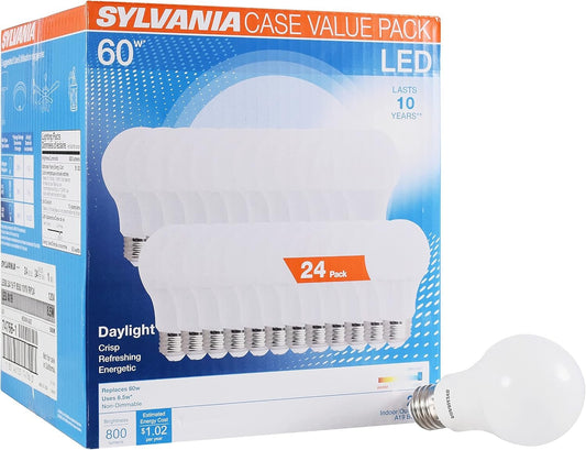 Sylvania Home Lighting 74766 60W Equivalent, LED Bulb, A19 Lamp, Efficient 8.5W, Bright White 5000K, 24 Pack, Piece