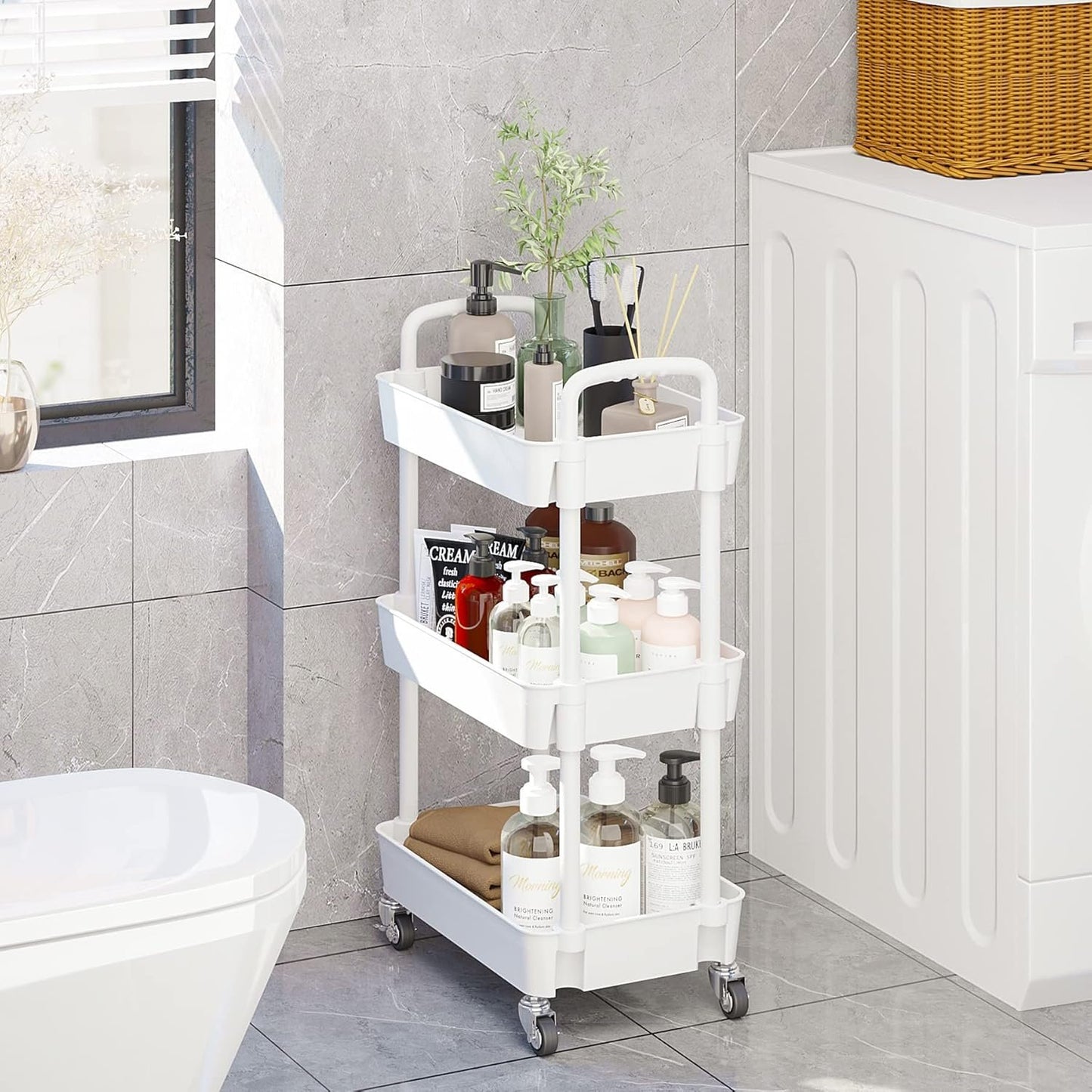 UDEAR 3-Tier Kitchen Rolling Utility Cart,Multifunction Storage Organizer with Handle and 2 Lockable Wheels for Kitchen,Bathroom,Living Room,Office,White