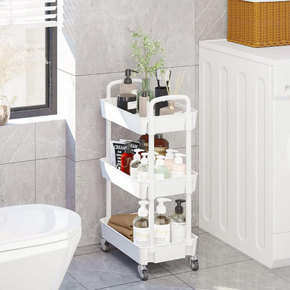 UDEAR 3-Tier Kitchen Rolling Utility Cart,Multifunction Storage Organizer with Handle and 2 Lockable Wheels for Kitchen,Bathroom,Living Room,Office,White