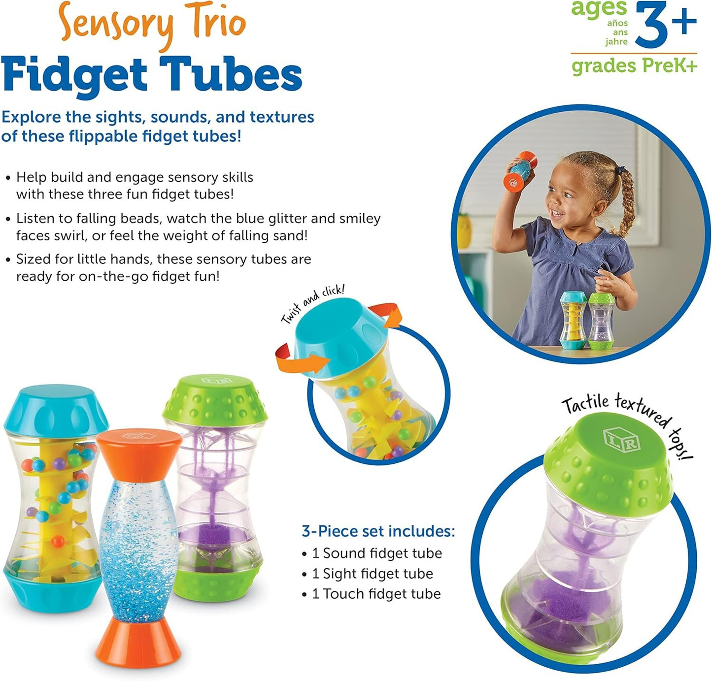 Learning Resources Sensory Trio Fidget Tubes, 3 Pieces, Ages 3+, fine Motor Skills, Sensory Toys for Toddlers, Sensory Toys for Children, Speech Therapy Materials, Fidget Toys, Sensory Tubes