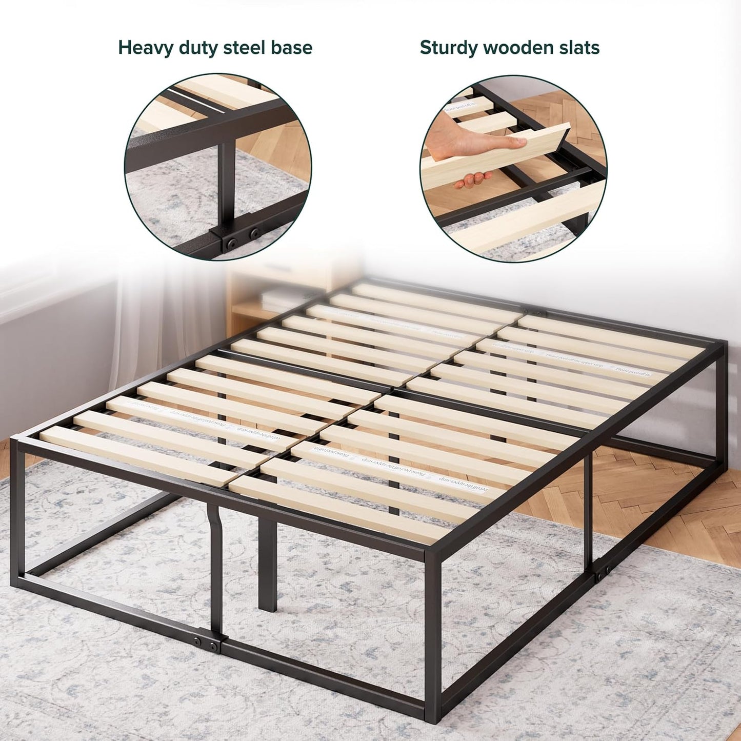 Zinus Joseph 45cm Double Bed Frame with Under Bed Storage and Mattress Base - Industrial Metal Steel, Black