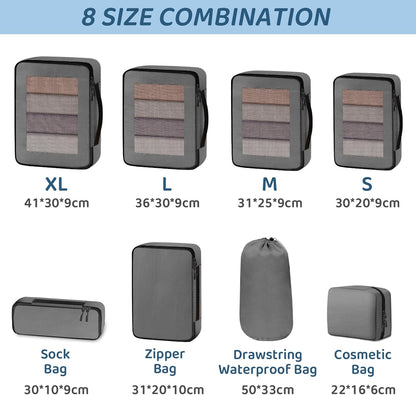 Otauoaea Suitcase Organizer – 8 Pieces Space-Saving Travel Suitcase Organiser Set – Packing Cubes for Travel – Dividers Suitcase for Clothes, Shoes, Cosmetics, Grey