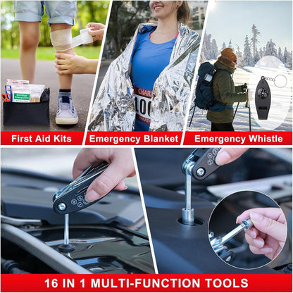 YJUSMAK Car Roadside Emergency Kit - Car Emergency Kit with Jumper Cables, Tow Rope, Folding Shovel, Safety Hammer, Reflective Warning Triangle, Car Safety Kits for Men, Women, Teenagers