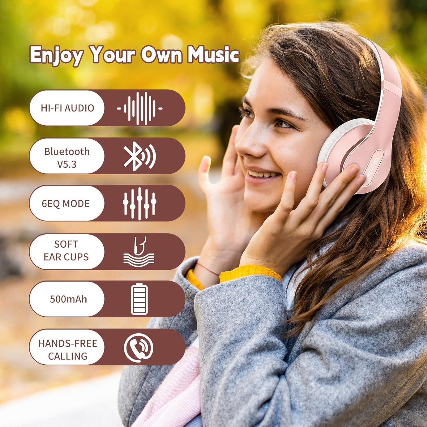 Glynzak Wireless Bluetooth Headphones Over Ear 65H Playtime HiFi Stereo Headset with Microphone and 6EQ Modes Foldable Bluetooth V5.3 Headphones for Desktop Computer Laptop Rose Gold