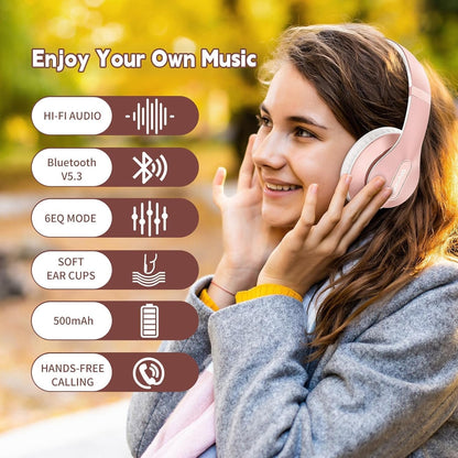 Glynzak Wireless Bluetooth Headphones Over Ear 65H Playtime HiFi Stereo Headset with Microphone and 6EQ Modes Foldable Bluetooth V5.3 Headphones for Desktop Computer Laptop Rose Gold