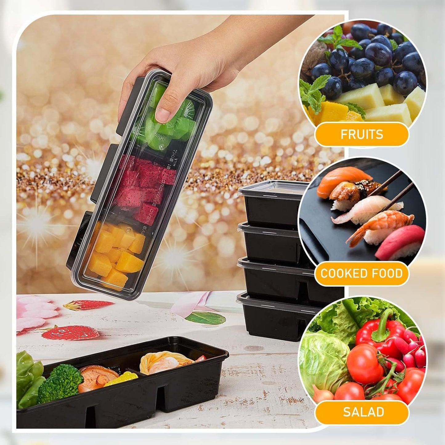 Hushee 17 oz Small Meal Prep Containers with 3 Compartments, Disposable Plastic Bento Boxes Reusable Stackable Food Containers Travel Lunch Boxes for Office, School, Picnic, Microwave Safe(50 Pack)