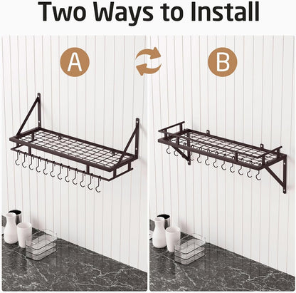 KES 30-Inch Oiled Bronze Pot Rack, Wall Mounted Hanging Pot and Pan Organizer with 12 Sturdy Hooks, Kitchen Wall Hanger Shelves Farmhouse Style, KUR215S75A-OB