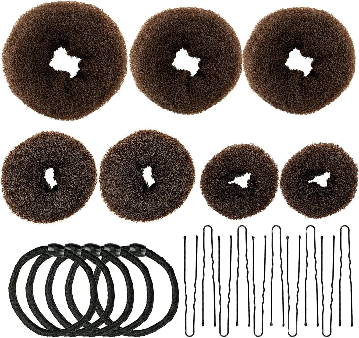 Donut Bread Maker Set of 7 Pieces Brown Ring Shape with 10 U Shaped Clips, 5 Elastic Hair Ropes
