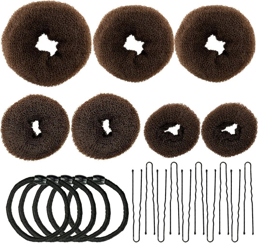 Donut Bread Maker Set of 7 Pieces Brown Ring Shape with 10 U Shaped Clips, 5 Elastic Hair Ropes