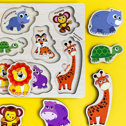 QUOKKA Wooden Puzzle for Toddlers 1-3 – Pegged Puzzle for Kids Ages 3-5 – Animal Safari Learning Toy – Realistic Educational Game for Boys & Girls