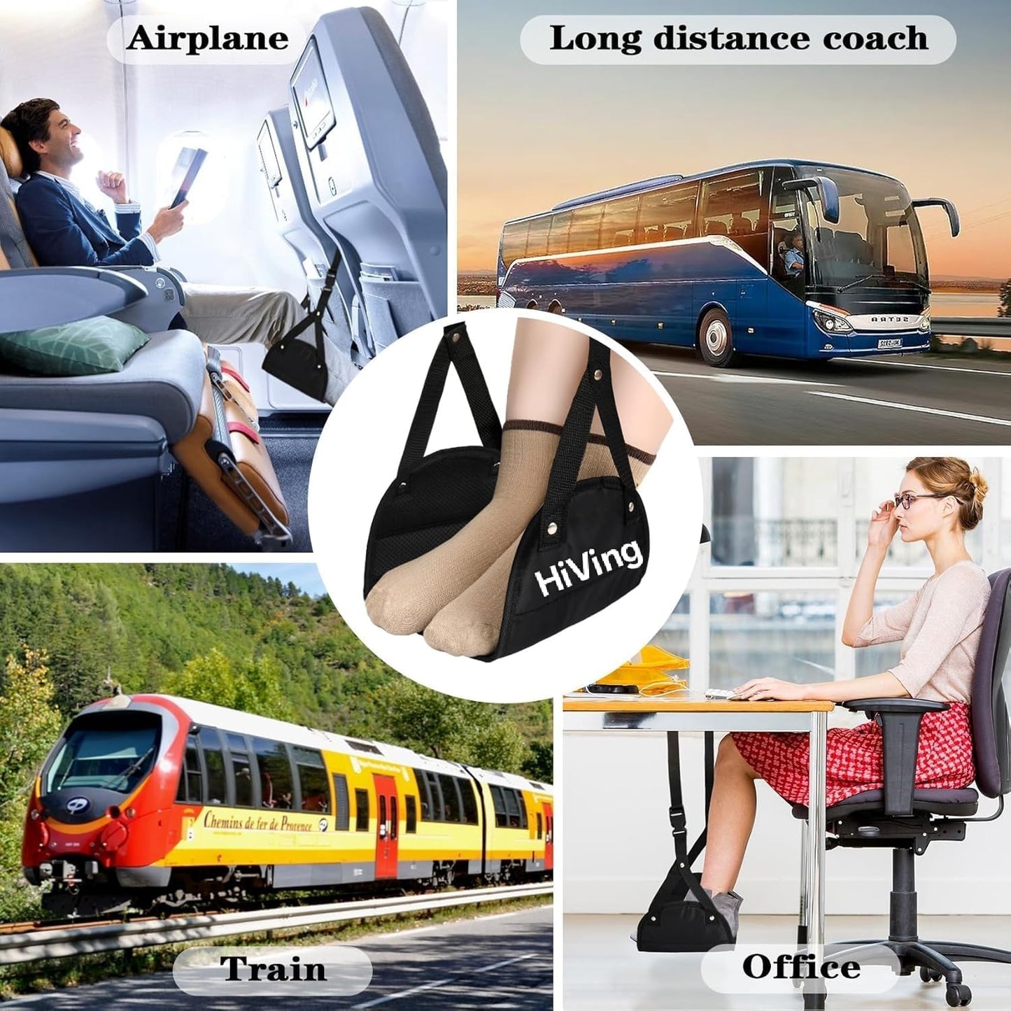 HiVing New Airplane Foot Rest,Portable Travel Footrest Flight Carry-On FootRest Adjustable Height Foot Rest Travel Accessories Footrests Hammock,Black