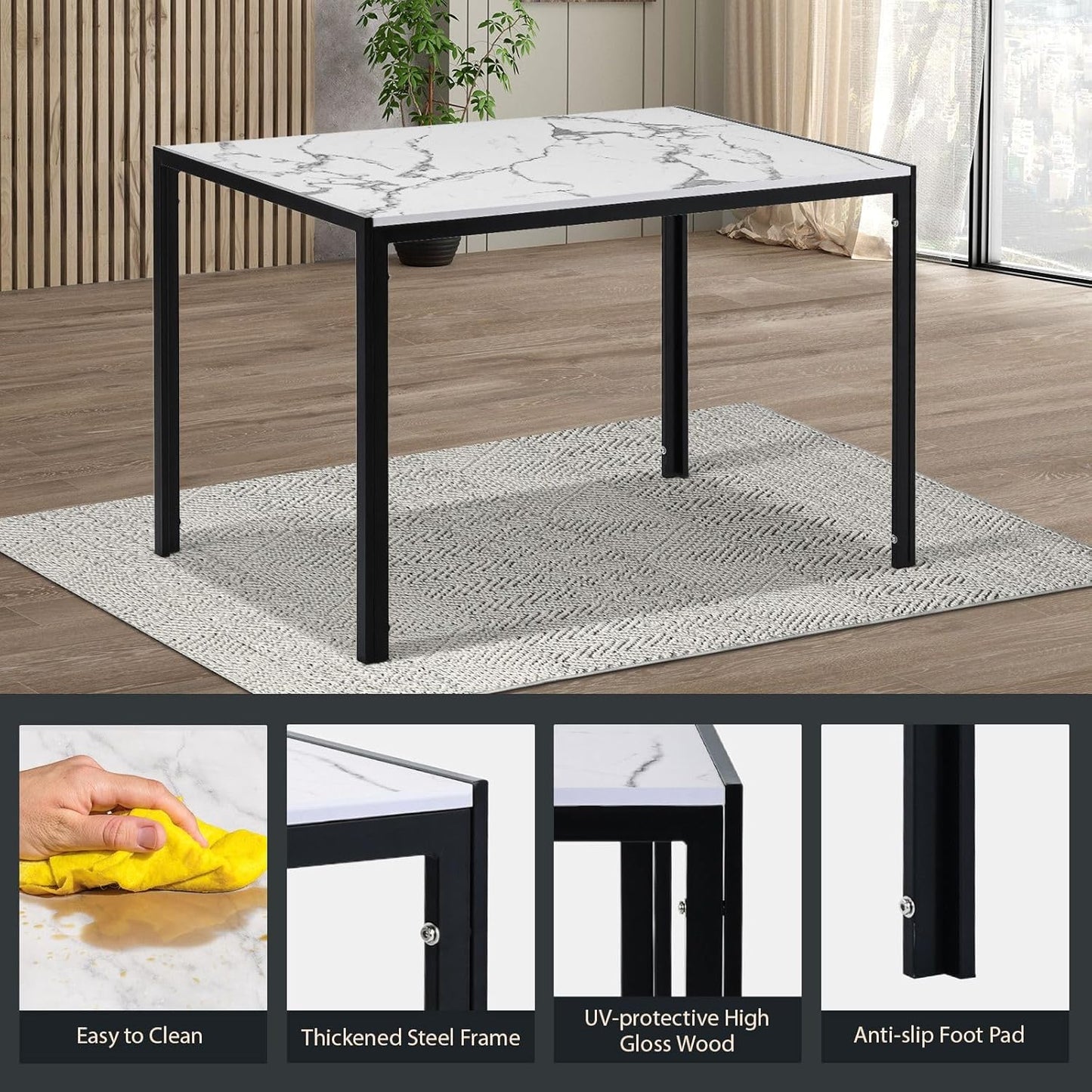 Luxsuite 7pcs Dining Table Set Marble Tabletop Rectangular 120cm High Gloss Marble Effect Top Dinner Tables 6 Seater with Tapered Metal Legs Dining Room Home Lounge Kitchen Black & White
