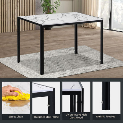 Luxsuite 7pcs Dining Table Set Marble Tabletop Rectangular 120cm High Gloss Marble Effect Top Dinner Tables 6 Seater with Tapered Metal Legs Dining Room Home Lounge Kitchen Black & White