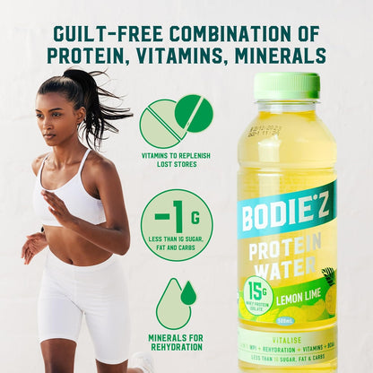 BODIE’Z Vitalise 15g Whey Protein Water - Pre-Mixed Protein Powder Drink, Less than 1g Sugar Fat and Carbs, 11 Vitamins and Minerals, Refreshing Supplement for Post Workout, 500ml Lemon Lime 6 Pack