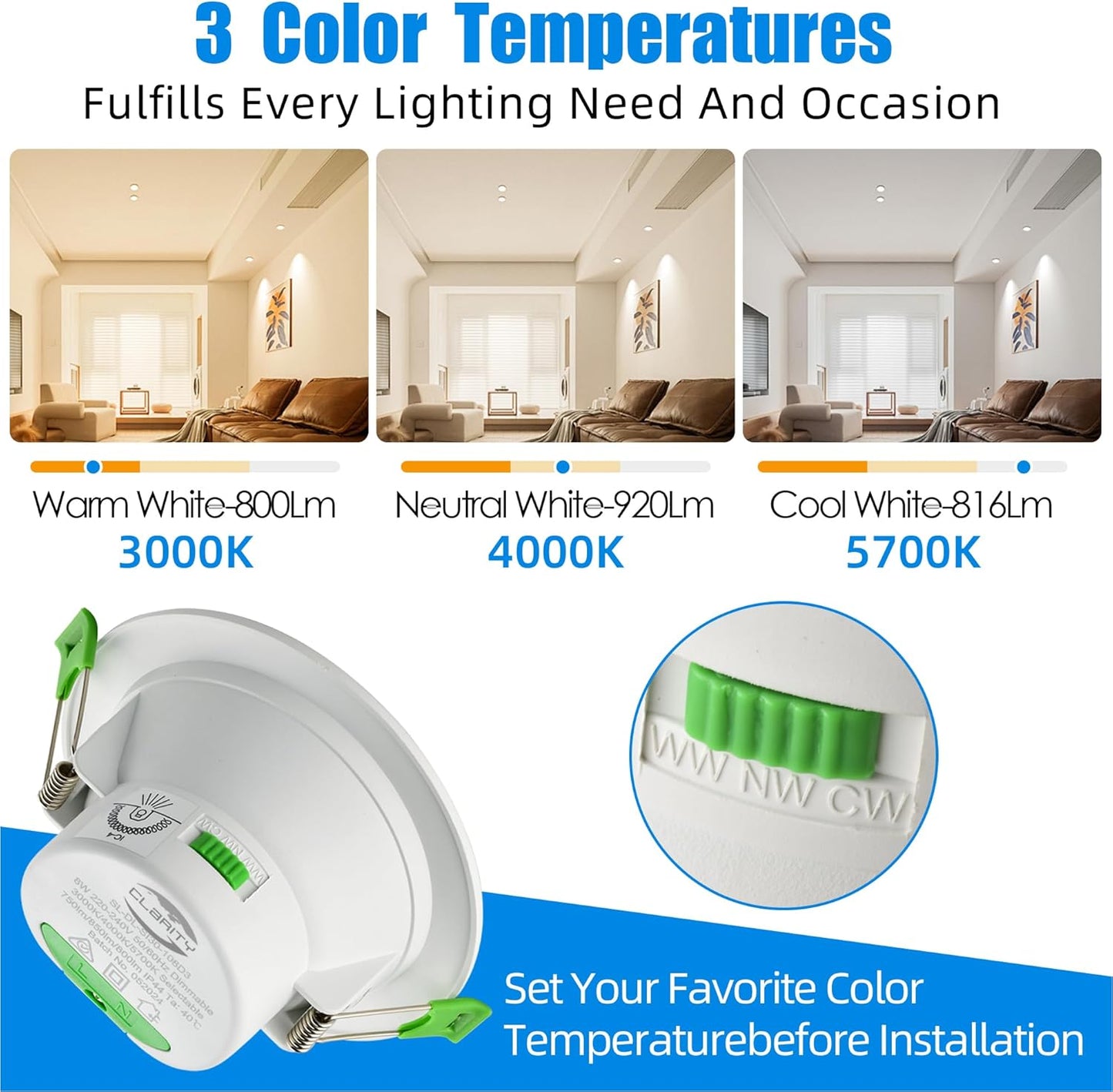 LED Ceiling Downlight kit, Super High Efficiency 8W 950 Lumen, CCT Dimmable, IP44, 3 Lighting Colours, 3000K/4000K/5700K, 90mm Cutout, White, Pack of 10, AU Plug
