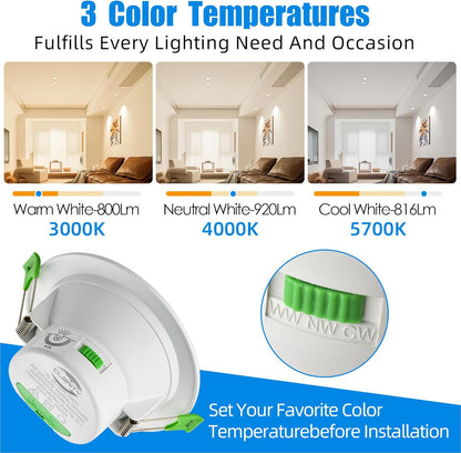 LED Ceiling Downlight kit, Super High Efficiency 8W 950 Lumen, CCT Dimmable, IP44, 3 Lighting Colours, 3000K/4000K/5700K, 90mm Cutout, White, Pack of 10, AU Plug