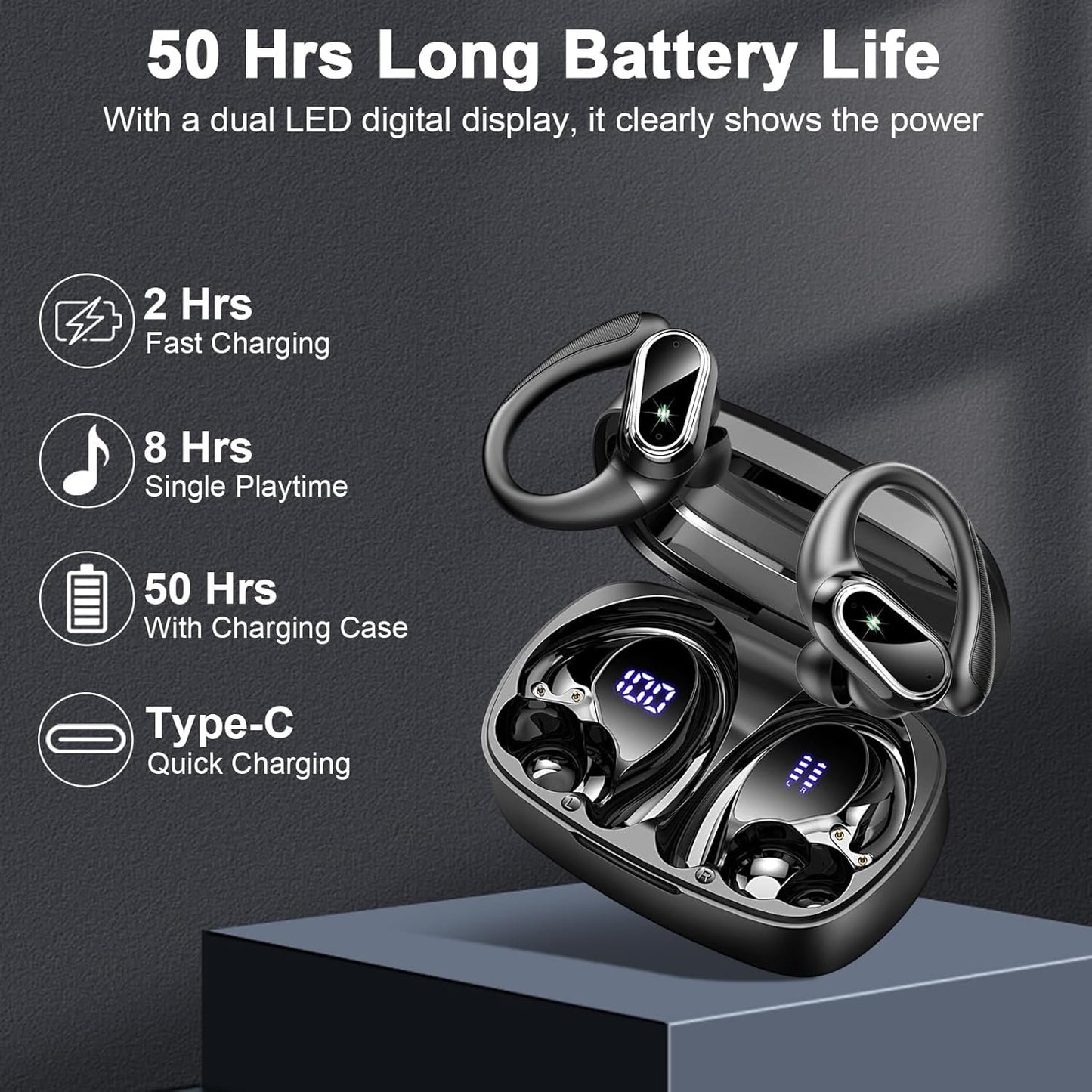 Wireless Earbuds, Bluetooth 5.3 Headphones Sport, Bluetooth Ear Buds with Noise Canceling Mics, 50H Stereo Wireless Headphones with EarHooks, LED Display, IP7 Waterproof Earphones for Running, Black