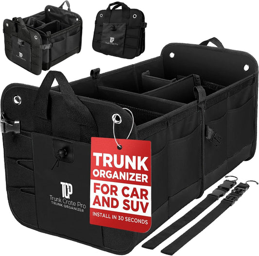 TRUNKCRATEPRO Trunk Organizer For Car, SUV, Car Organizers And Storage. Premium Adjustable Multi Compartments Durable Foldable Gift, Car Accessories W 2 Straps (Regular, Black)