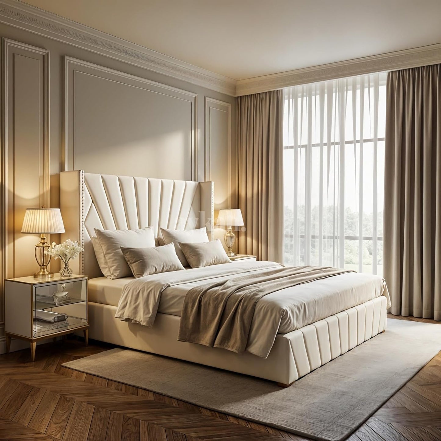 Aykah Fez Velvet Upholstered Queen Size Bed Frame with Storage, Modern Wingback Design Bed, Metal King Bed Frame with High Headboard, Wood Slat Support, Modern Design (Beige, Queen Bed)