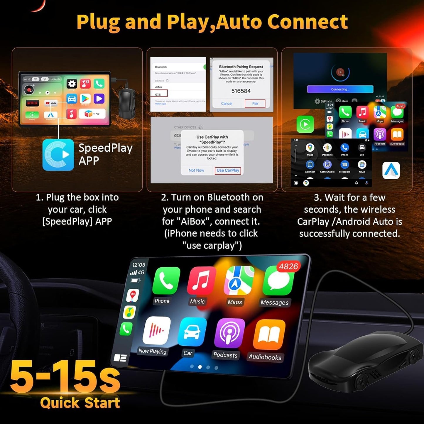 4-in-1 Carplay Ai Box,Wireless CarPlay & Android Auto Adapter,Compatible with Netflix/YouTube/TIK Tok/Screen Mirror Link/TF Card,Suitable for Cars Equipped with OEM Wired CarPlay,Plug & Play