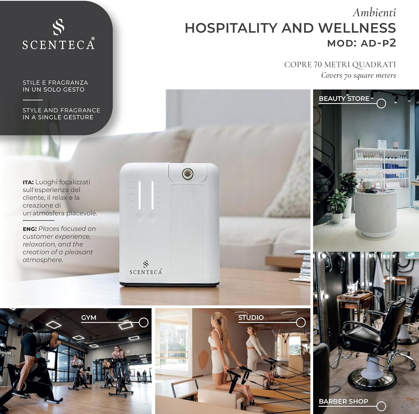 SCENTECA® AD-P2 Fragrance Diffuser for Home and Commercial Use Mist, Connectable Hvac, Coverage up to 70 m², 100ml Fragrance Included "Summer Scent"